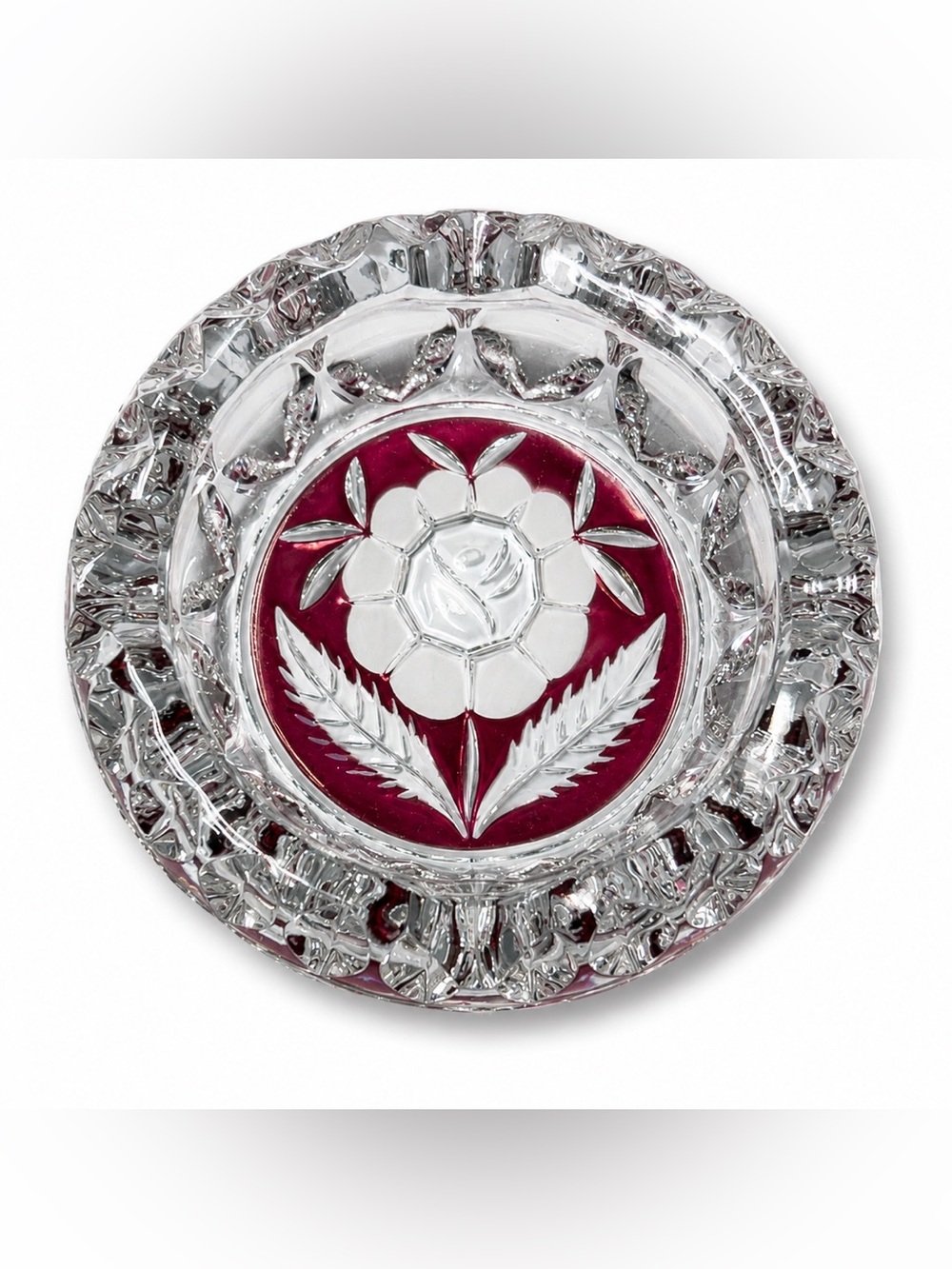 Vintage Czech Bohemian Crystal Ashtray with Ruby Flash Rose Motif